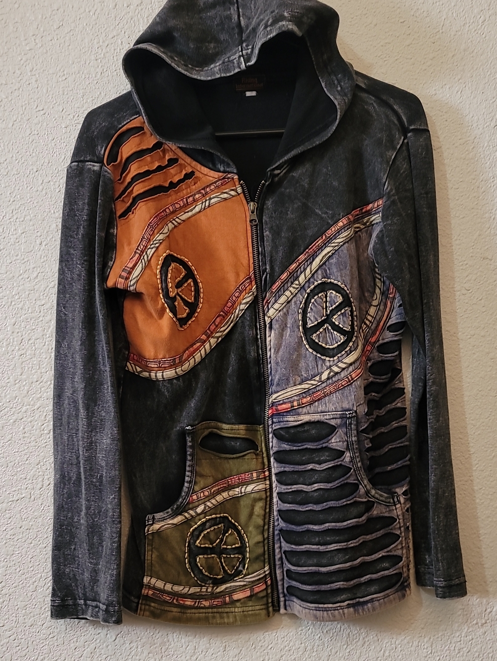 Rising International Peace Patchwork Acid Wash Zip Up Hoodie Boho Hippie XL